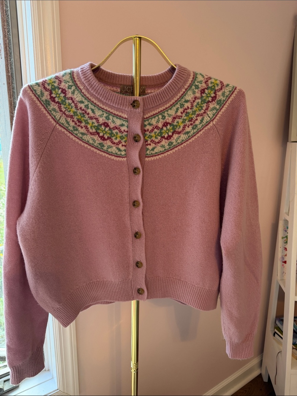 J. Crew Lavender Fair Isle Button-Up Cardigan